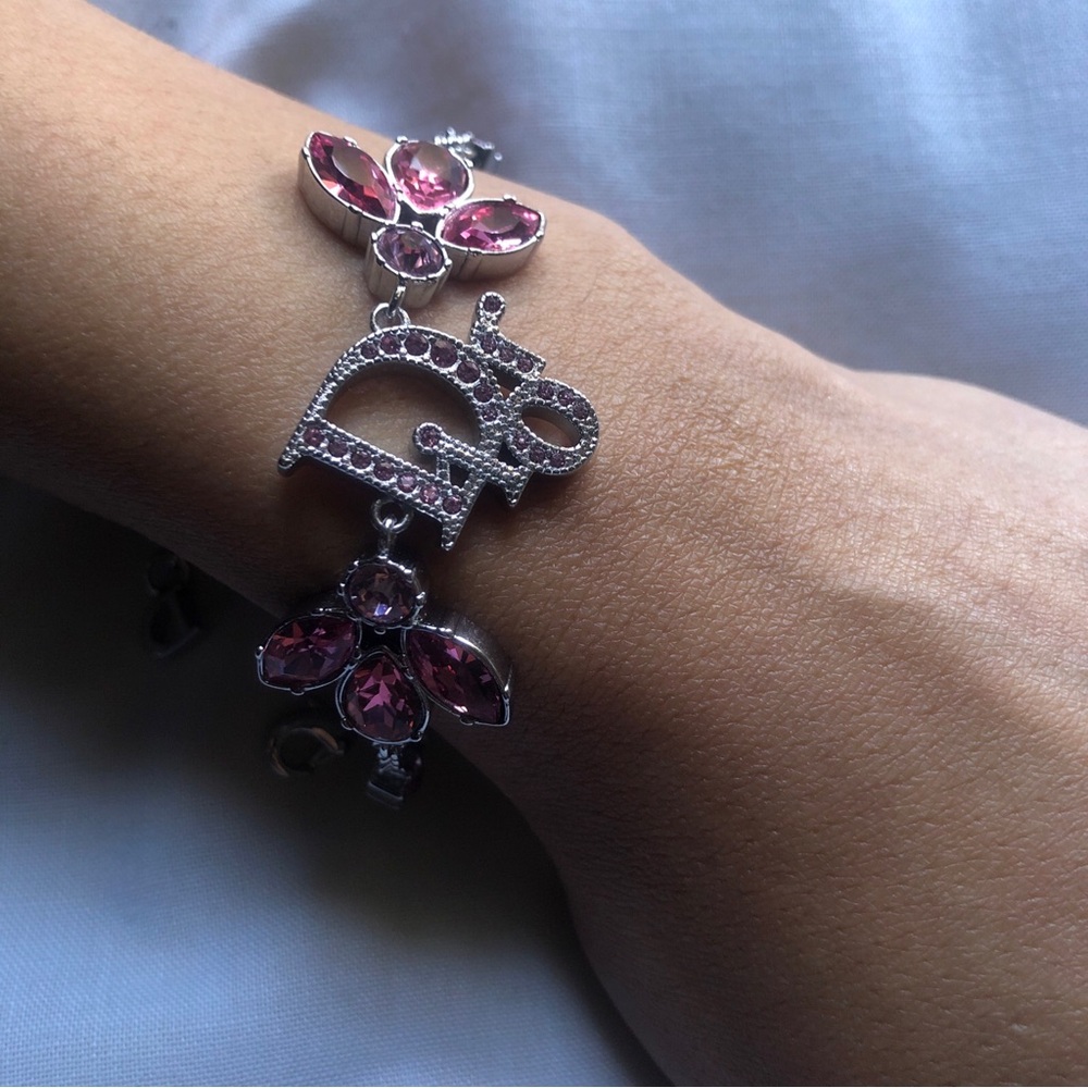 Dior oblique bracelet cd  logo Pink Crystal Silver vintage crystals floral - Picture 3 of 3